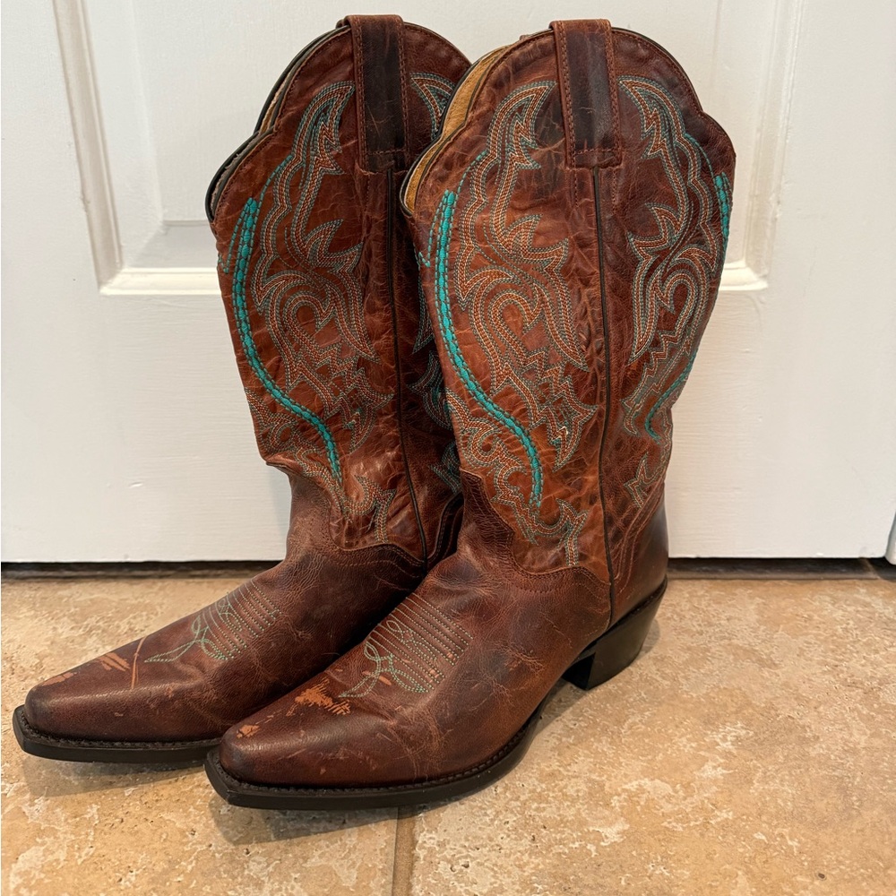 JB DILLON Brown Western Cowboy Boots with Turquoise Stitching